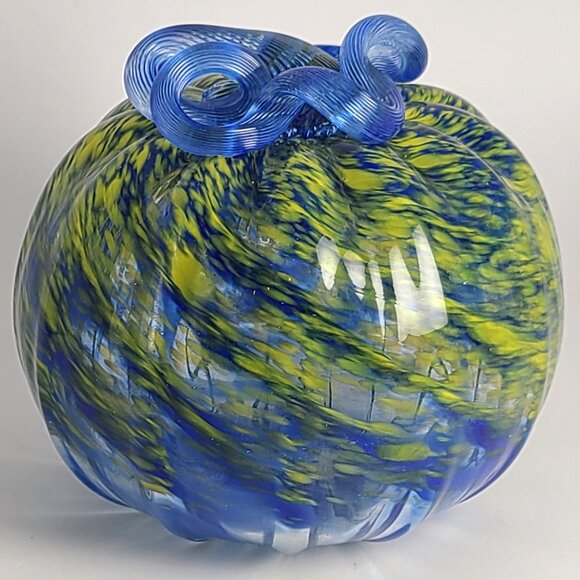 John Fenton Art Glass Pumpkin Blue Yellow Frit Appears Greenish 2014 4 1/2" Dm - Picture 1 of 11